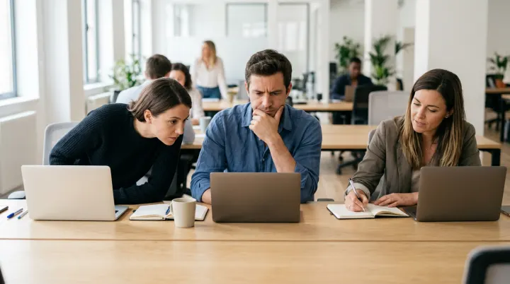 Three colleagues at one company watch the same demo on their own laptops