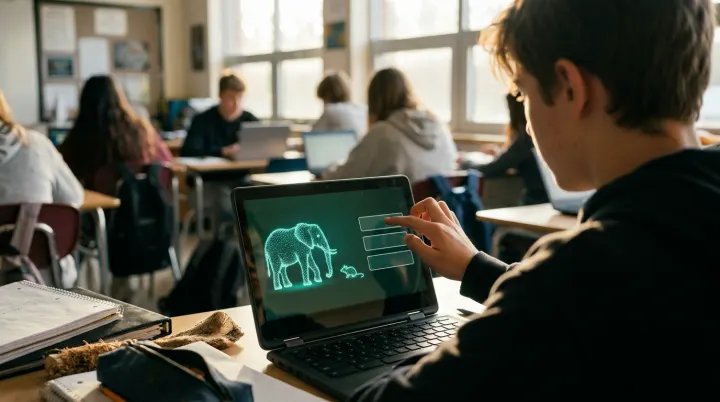 A student in class taps an answer on a paused biology lesson: an elephant, a mouse and three choices