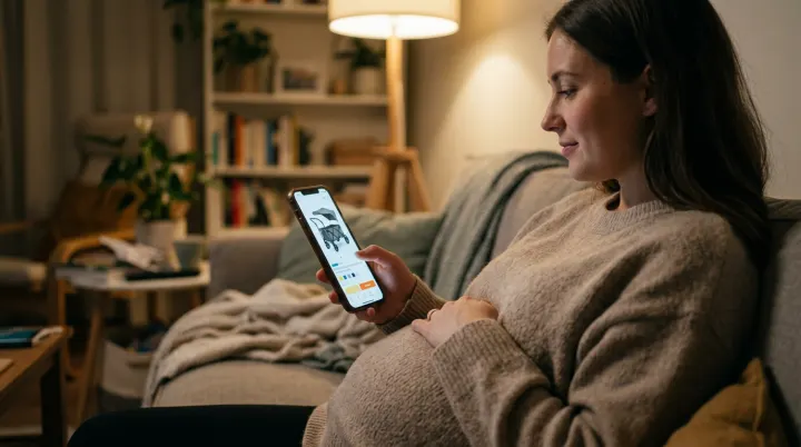 An expectant mother on her sofa in the evening, looking at a stroller wagon on her phone